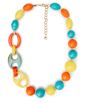Collana girocollo in acrilico, con sfere gialle, turchese ed arancio